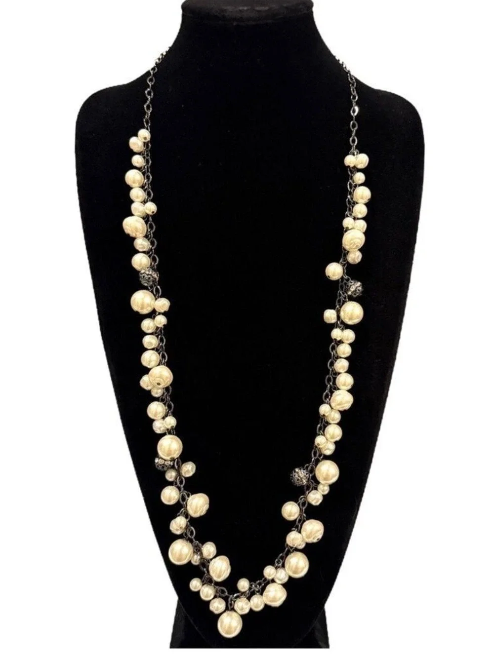 Chico's Gunmetal and Pearl Cluster Long Necklace New
